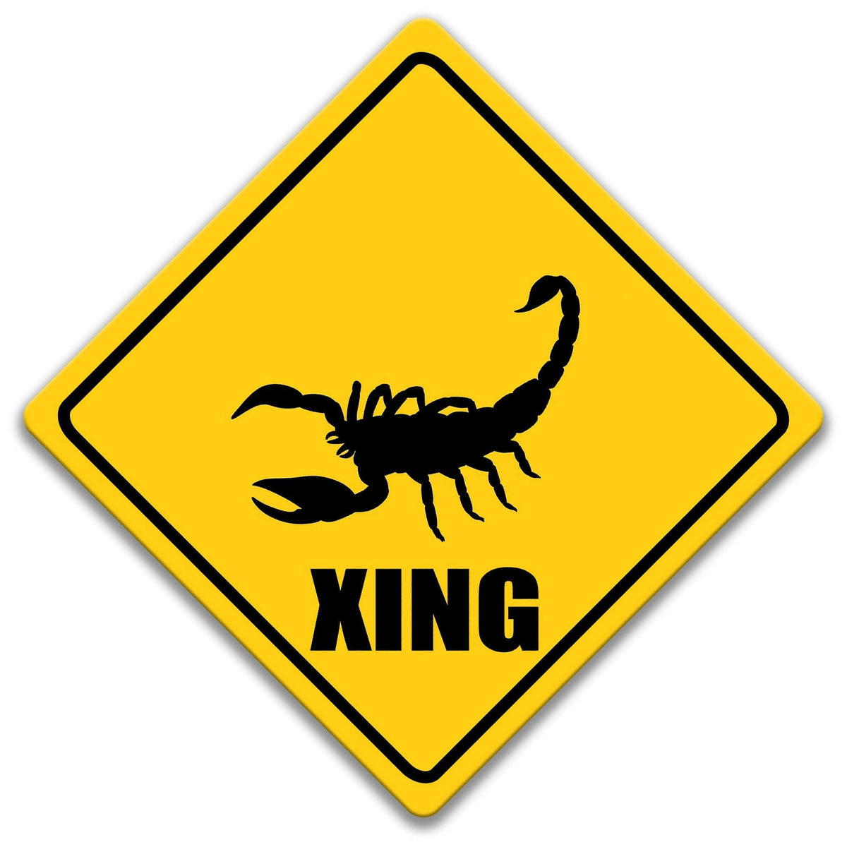 a yellow diamond-shaped sign with a black silhouette of a scorpion and the word "XING" written below it.