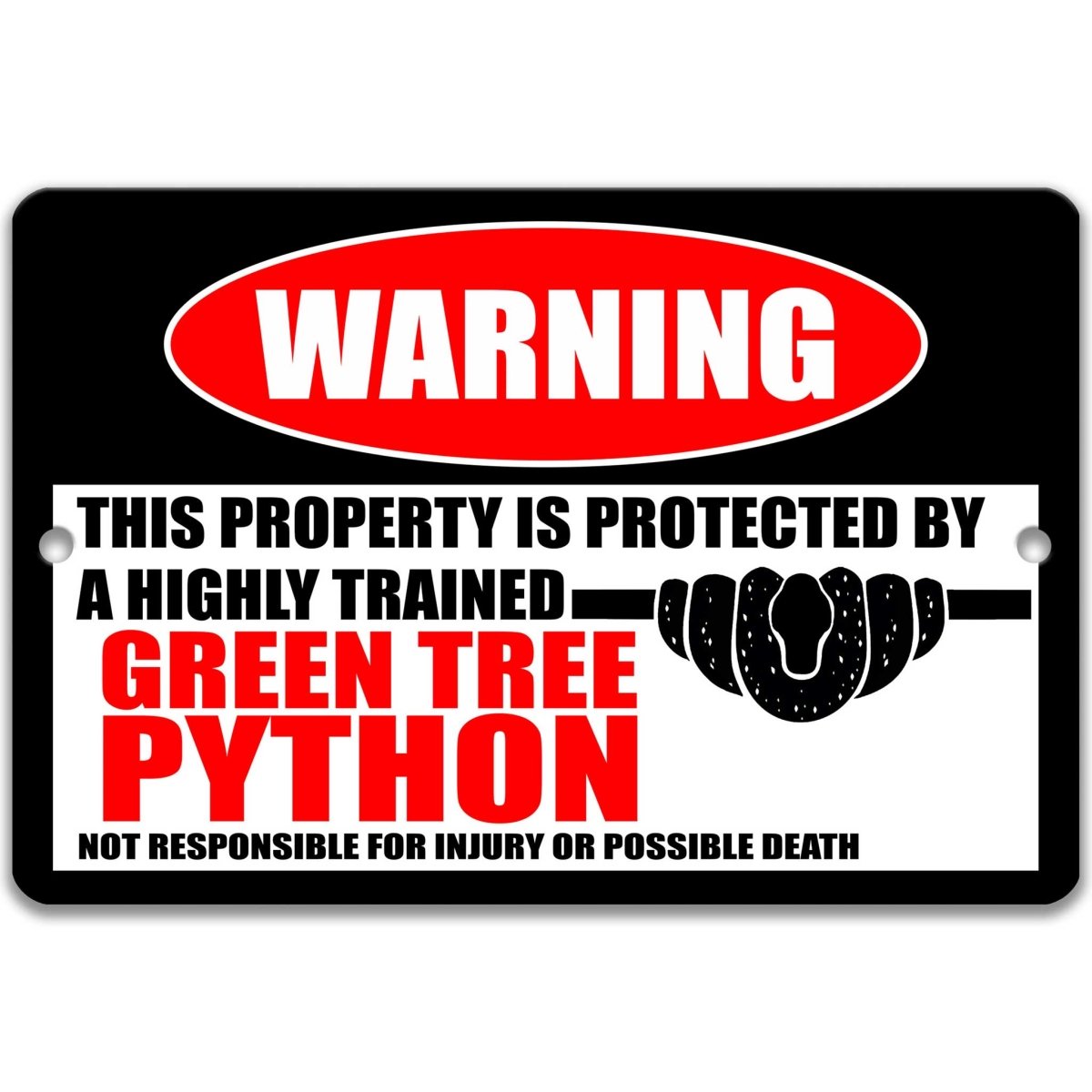Green tree python warning metal sign on glossy black with red WARNING oval and coiled snake silhouette