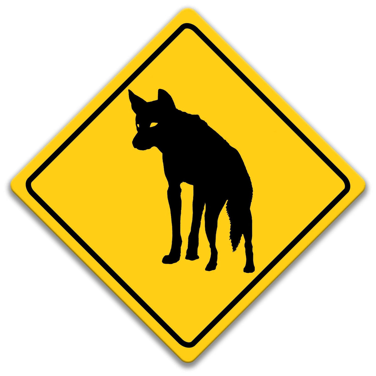 a yellow diamond-shaped sign with a black silhouette of a coyote in the center.