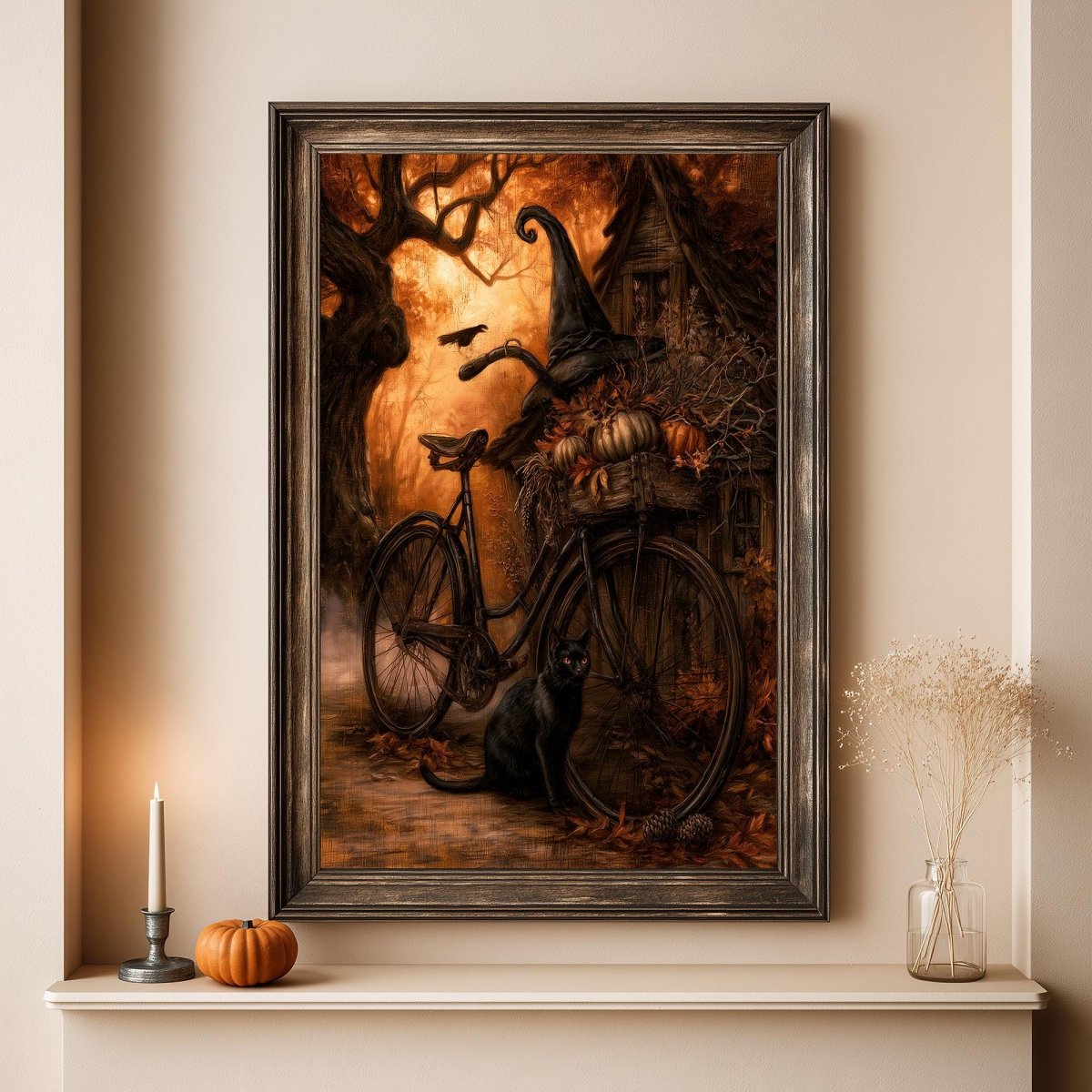 Full artwork view of the bicycle with a witch hat surrounded by pumpkins and autumn foliage