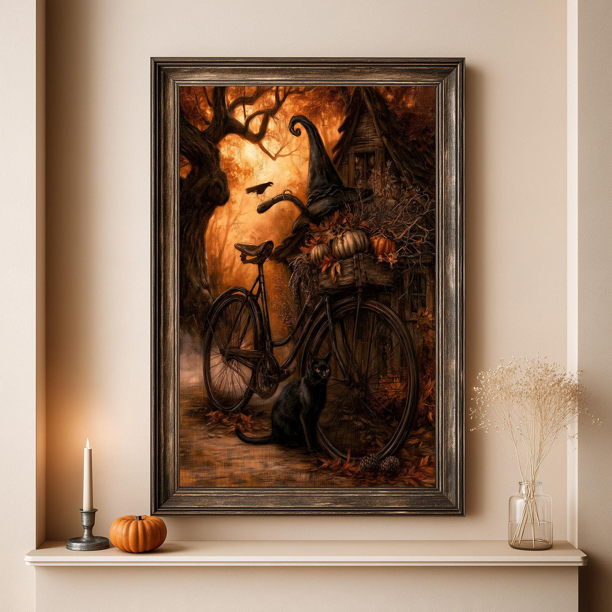 Full artwork view of the bicycle with a witch hat surrounded by pumpkins and autumn foliage