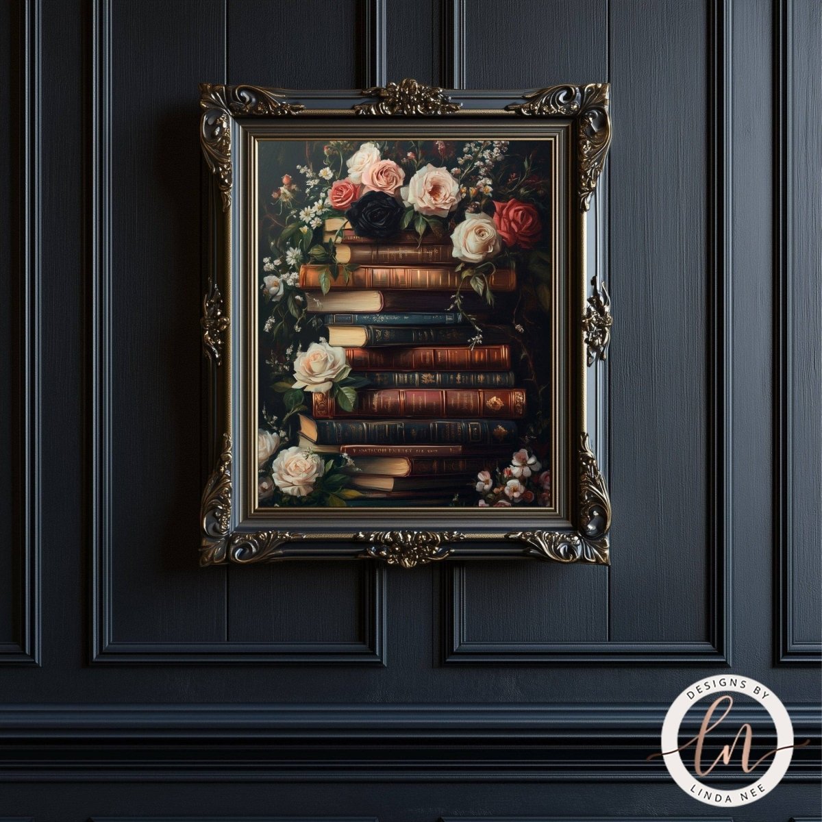 A framed painting of a stack of books with flowers on top, hanging on a dark wooden wall.