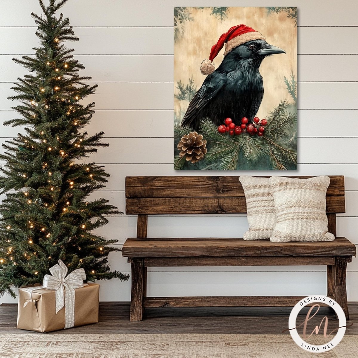 Raven Christmas print above a wooden bench beside a lit Christmas tree