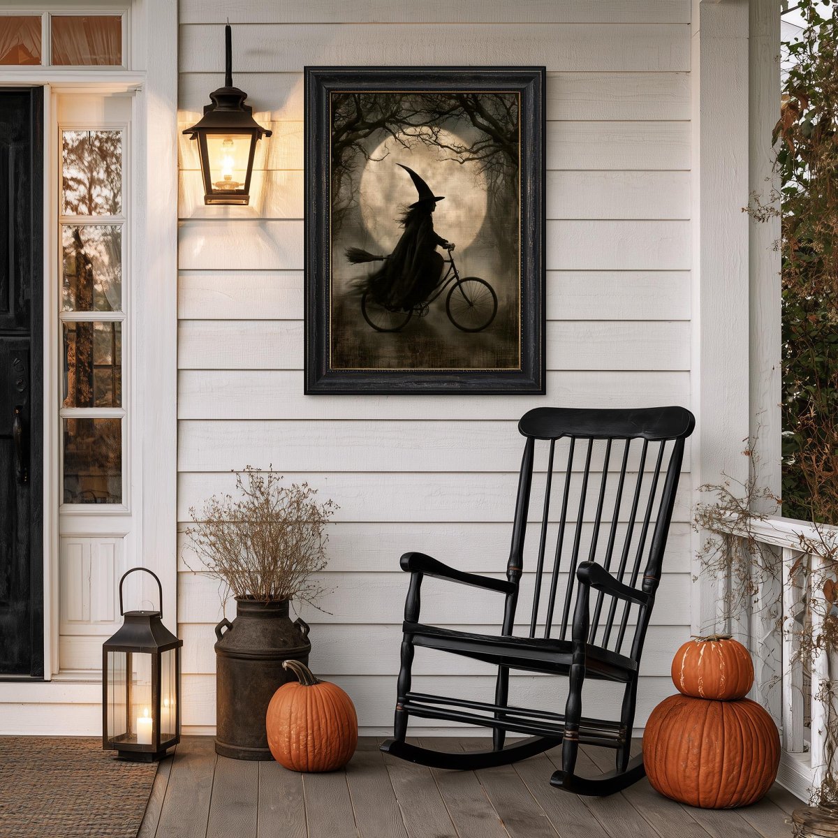 Witch on a bicycle art print on a porch with a rocking chair and lantern