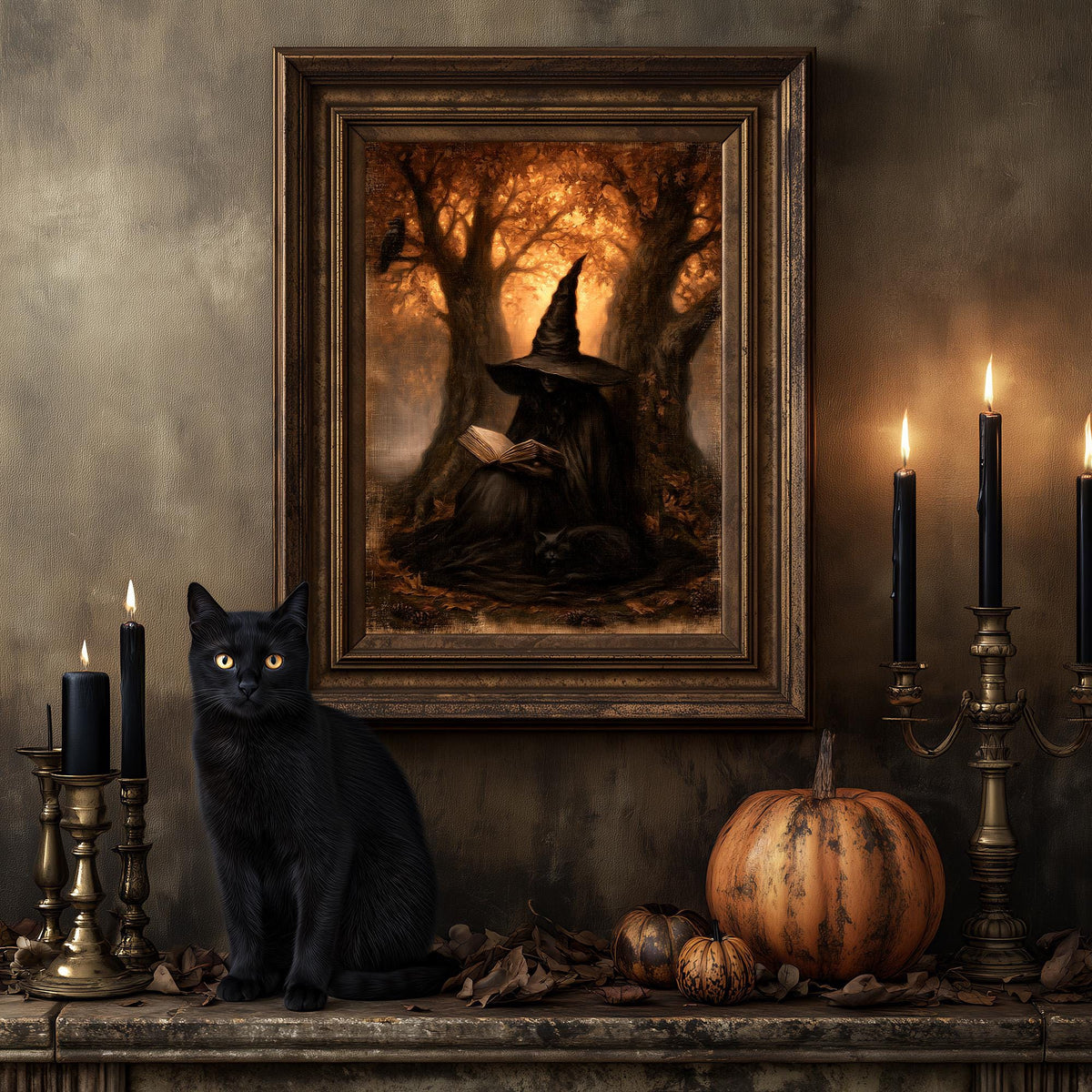 Black cat on a mantel below the reading witch print, with candles and pumpkins