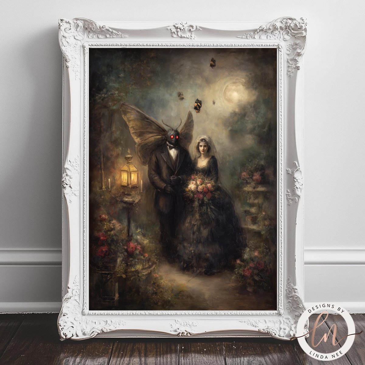 The image is a painting of a bride and Mothman standing in a garden, with a winged creature, possibly a fairy or dragon, hovering above them.