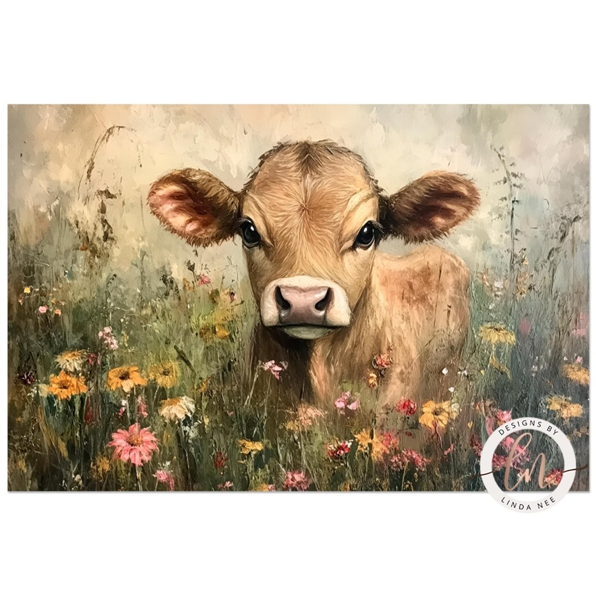 A painting of a cow surrounded by a field of colorful flowers.