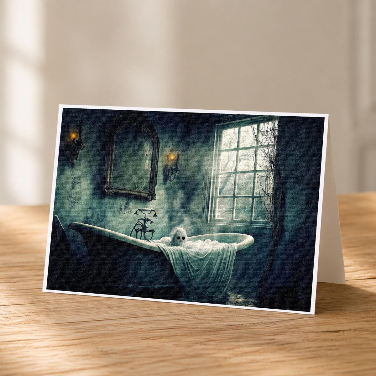 5x7 ghost bathtub blank note card standing upright showing its linen texture and candlelit artwork