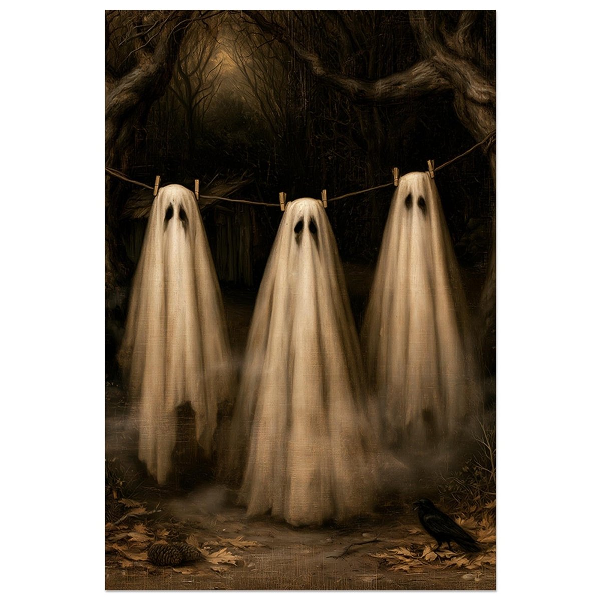 Three sheet ghosts hanging from a clothesline in a misty forest with a raven on a branch