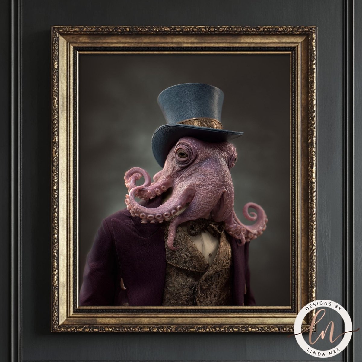 A framed image depicting an octopus wearing a top hat and a purple suit, with a dark background.