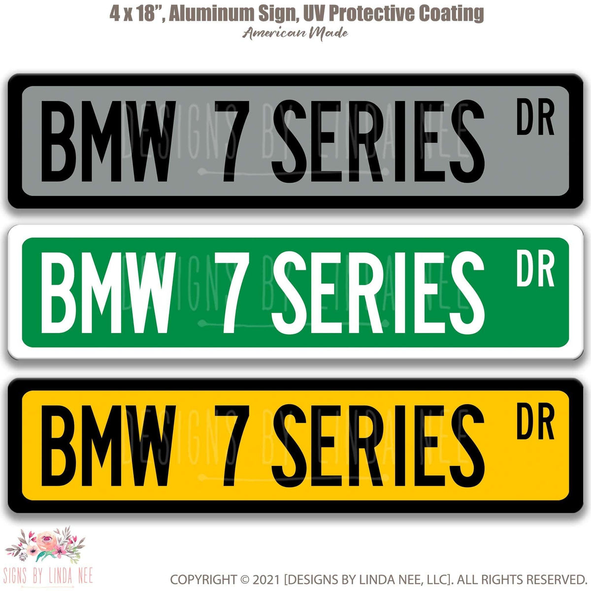 BMW 7 Series DR street name sign shown in three aluminum color options