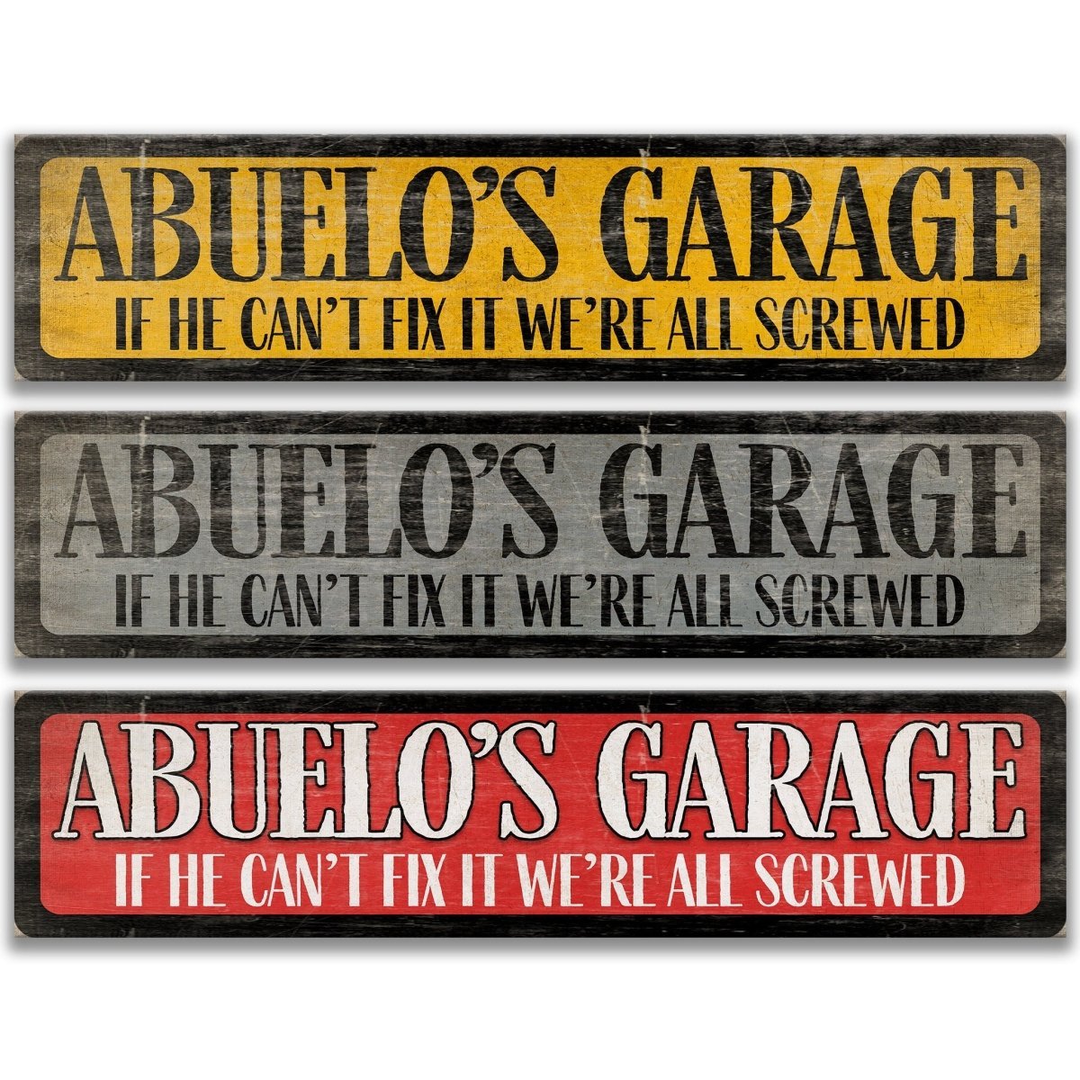 three signs with humorous text, likely intended to be humorous or playful. The signs are arranged in a row, with the first sign being yellow, the second sign being black, and the third sign being red. The text on the signs is meant to be interpreted as a joke or a lighthearted message, rather than a description of an actual image.