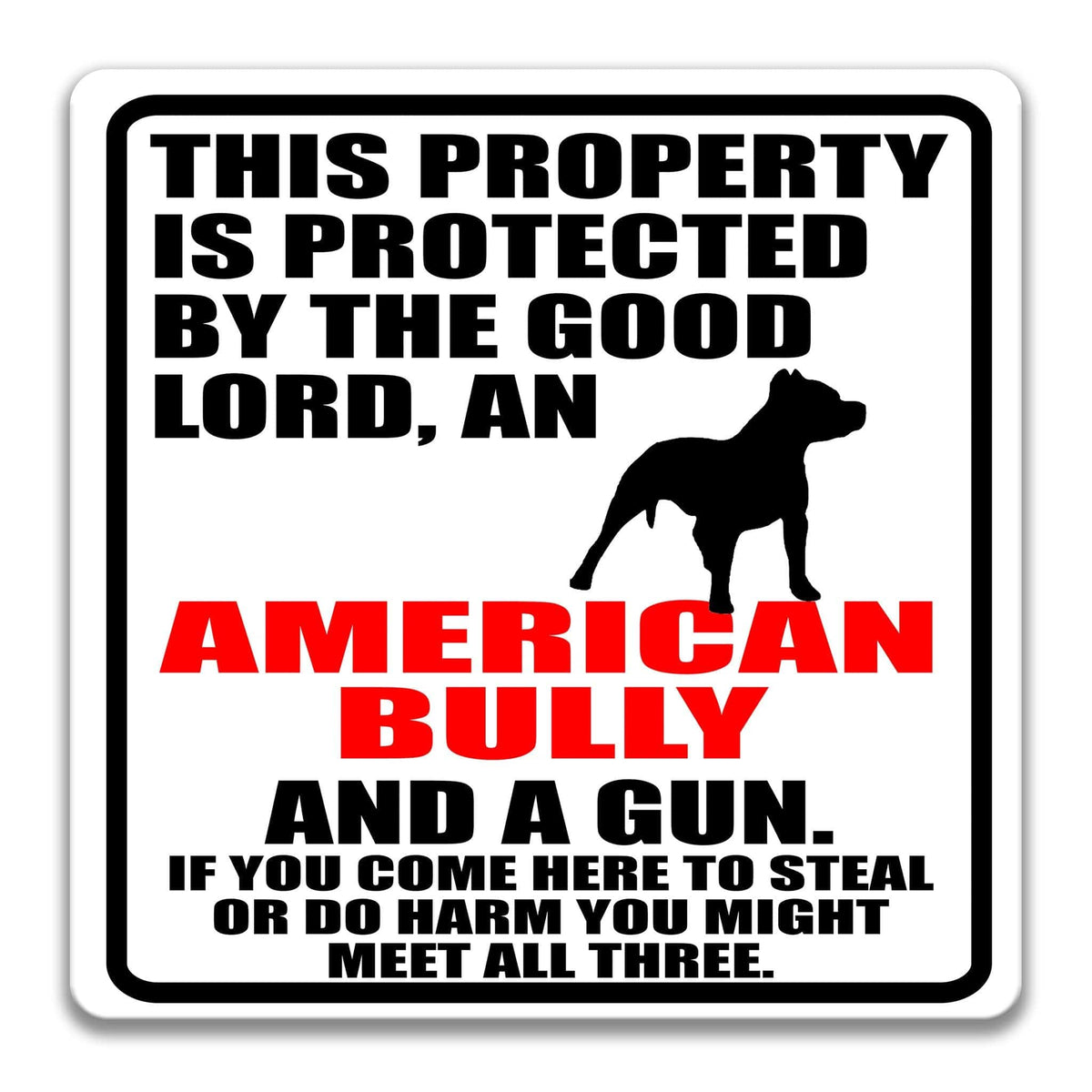 a sign with a warning about an American Bulldog and a gun. The sign states that the property is protected by the good Lord, an American Bulldog, and a gun. It also warns that if someone comes to steal or harm the dog or the gun, they might encounter the owner or the gun owner.