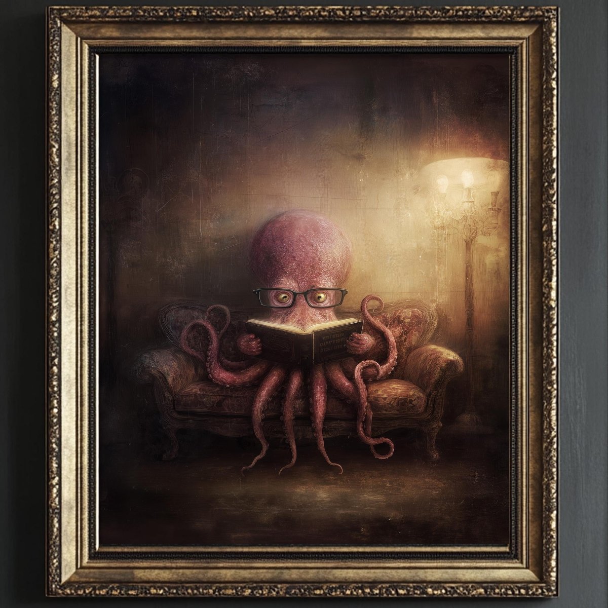 A large, pink octopus wearing glasses is sitting on a couch, reading a book.