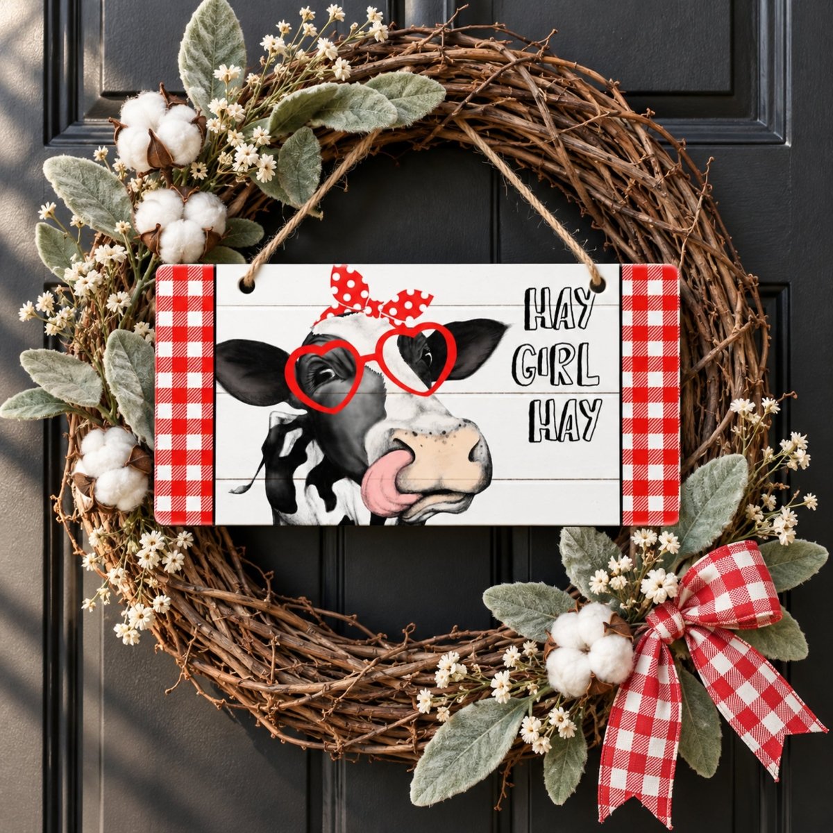 Hay Girl Hay Heifer sign centered in a door wreath