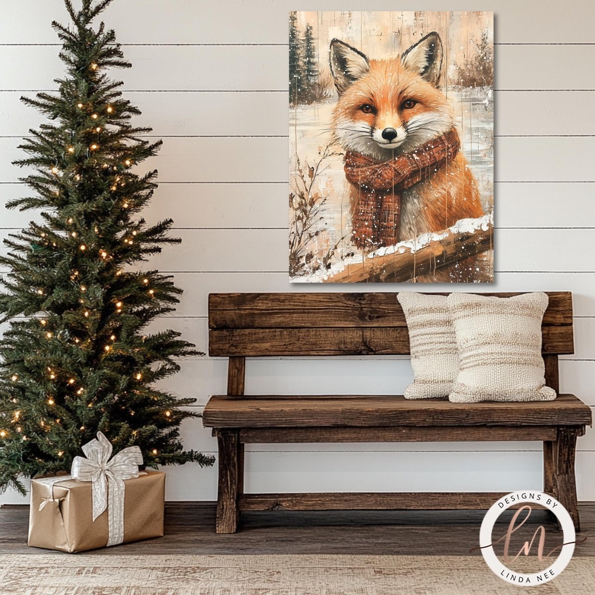 a cozy Christmas scene with a wooden bench, a decorated Christmas tree, and a framed painting of a fox wearing a scarf.