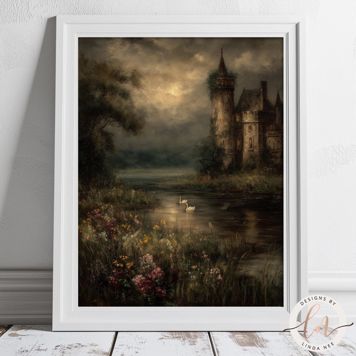 A framed painting depicting a serene landscape with a castle in the background, a lake with swans, and a cloudy sky.