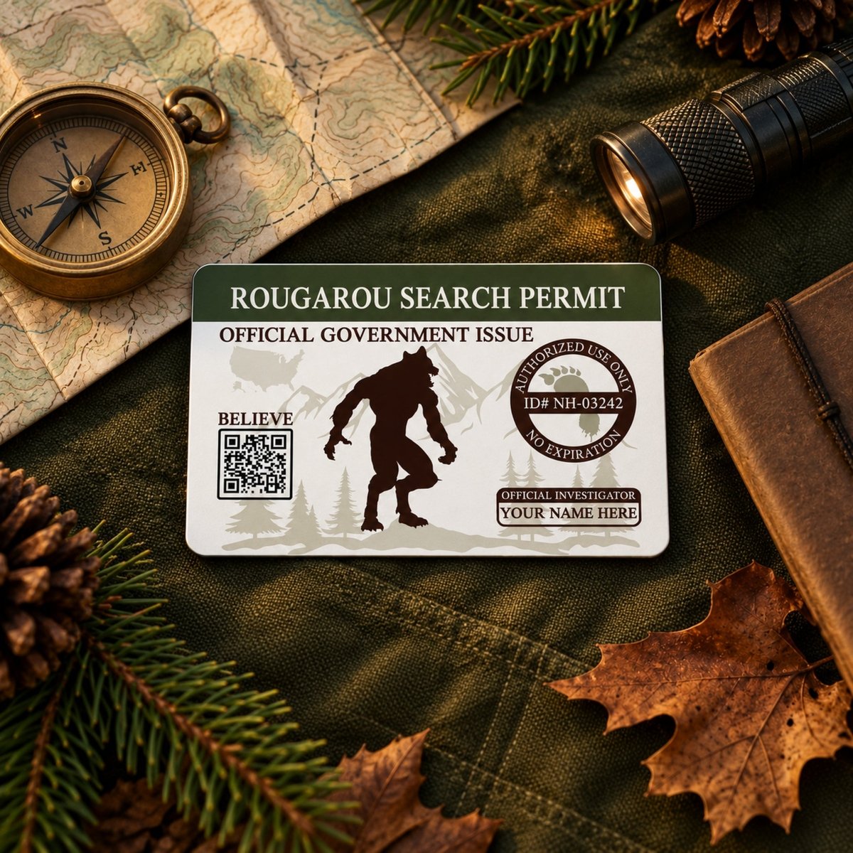 a search permit for a Ouija Monster, surrounded by various outdoor items such as a compass, a flashlight, pine cones, and leaves.