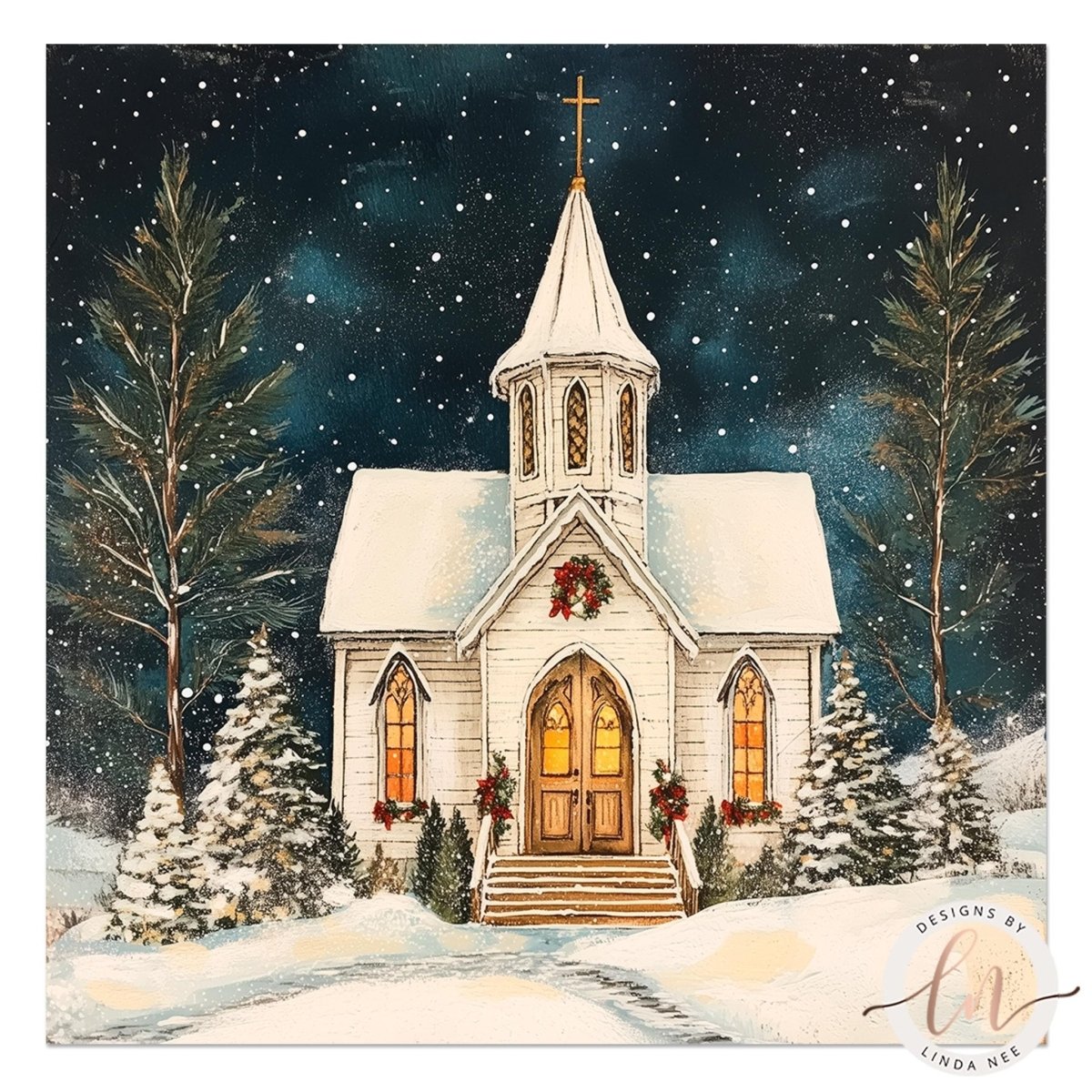 White church with a warm glowing doorway surrounded by snow covered evergreens