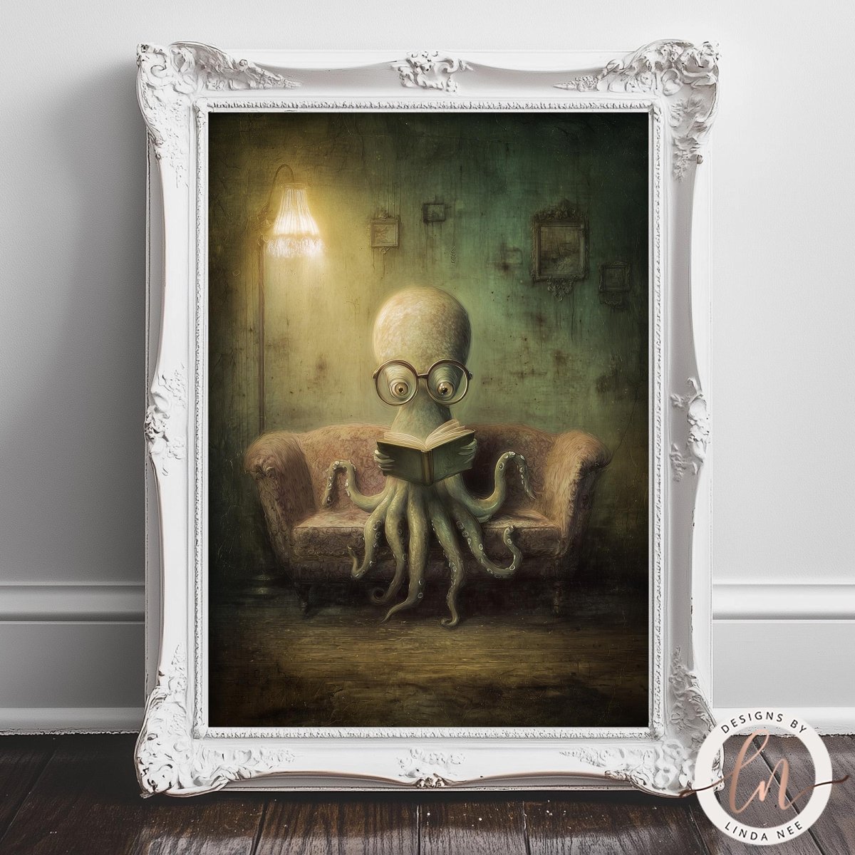 A painting of an octopus sitting on a couch and reading a book, with a lamp and green wall in the background.