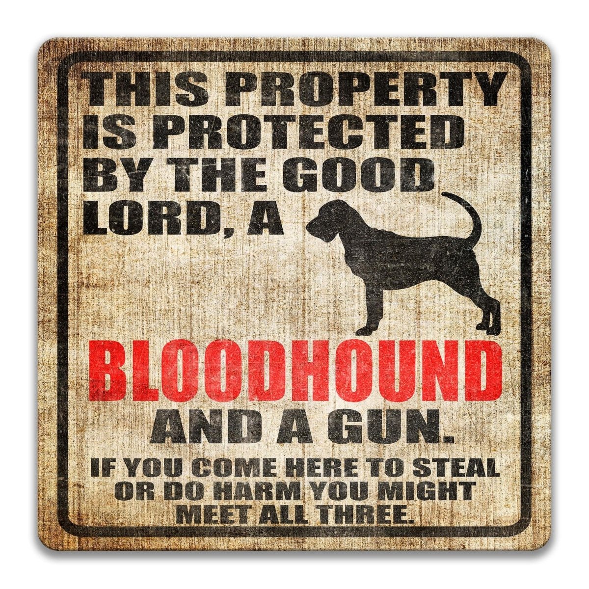 The image is a sign that reads "This property is protected by the good Lord, a Bloodhound and a gun. If you come here to steal or do harm, you might meet all three."