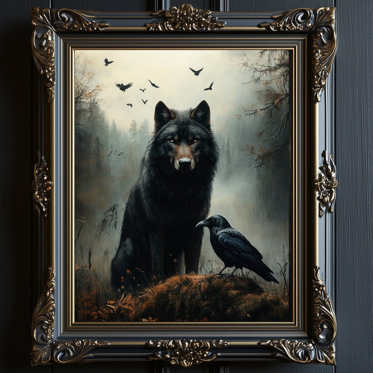 Black wolf sitting on a rock with a black raven perched close by