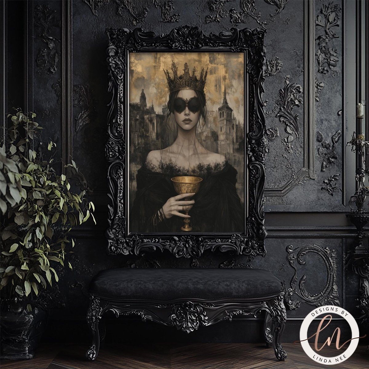 a large, ornate black frame with a painting of a woman wearing a crown and holding a golden goblet. The frame is set against a dark, ornate wall, and there is a black bench in front of it.