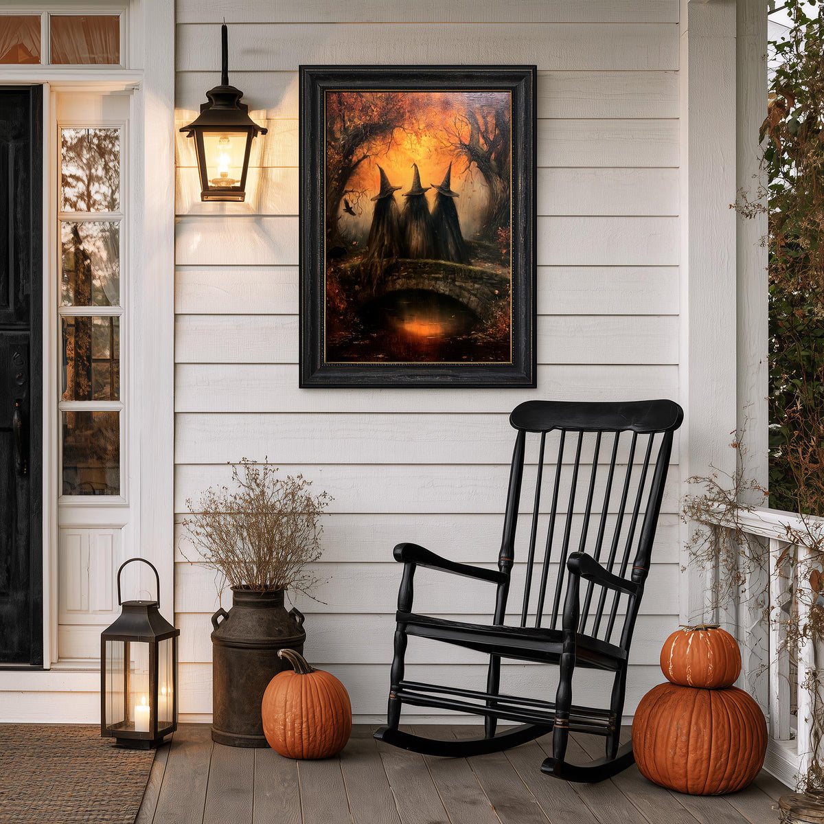 Porch with a black rocking chair, two pumpkins, and the autumn coven print above