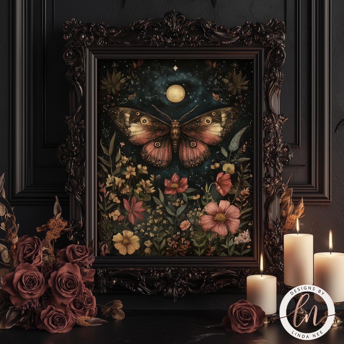 An ornate dark wood frame holding a mystical floral painting with a large butterfly under a full moon, styled on a dark surface with dried roses and lit white candles.