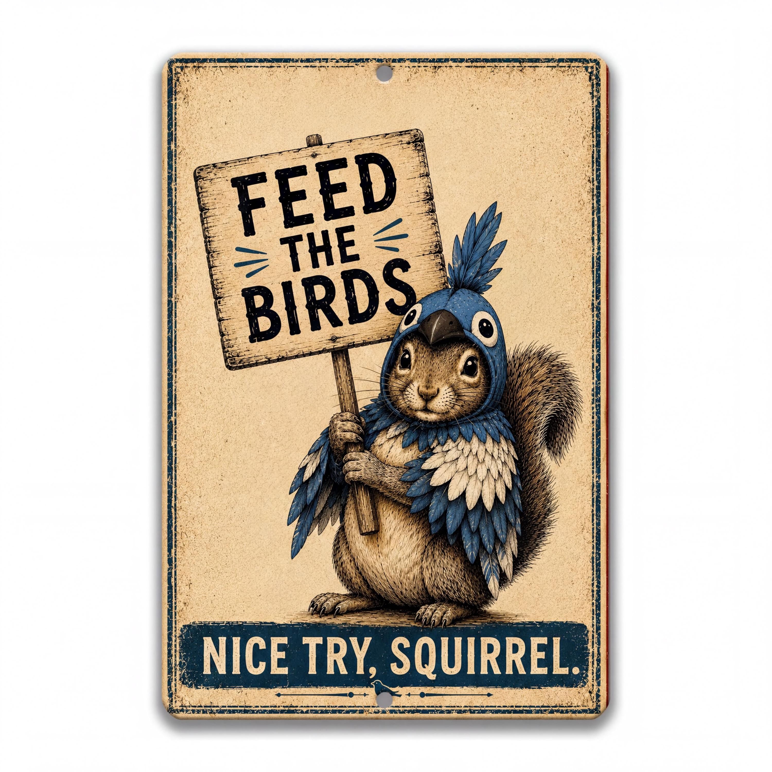 Vintage-style vertical metal sign featuring a squirrel dressed in a blue bird costume holding a “Feed the Birds” sign above the words “Nice Try, Squirrel.”