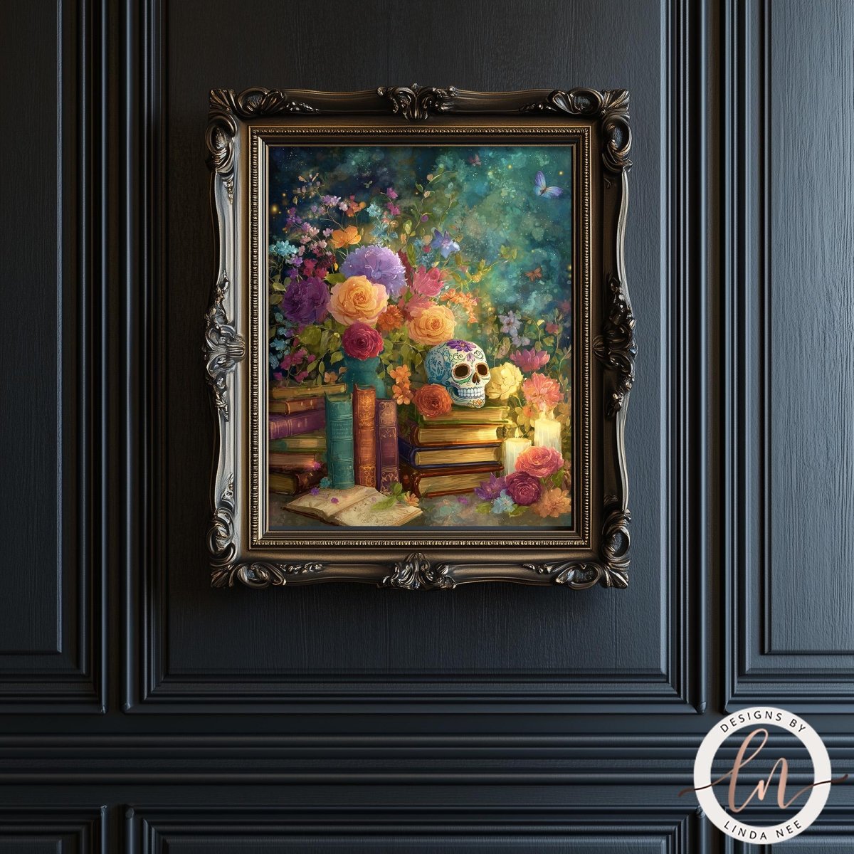 The image is a framed painting depicting a skull surrounded by a vibrant array of flowers and books, set against a dark background.