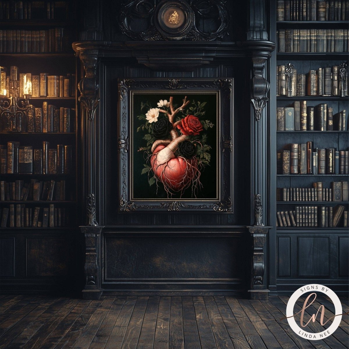 Anatomical heart art print displayed in a room with bookshelves