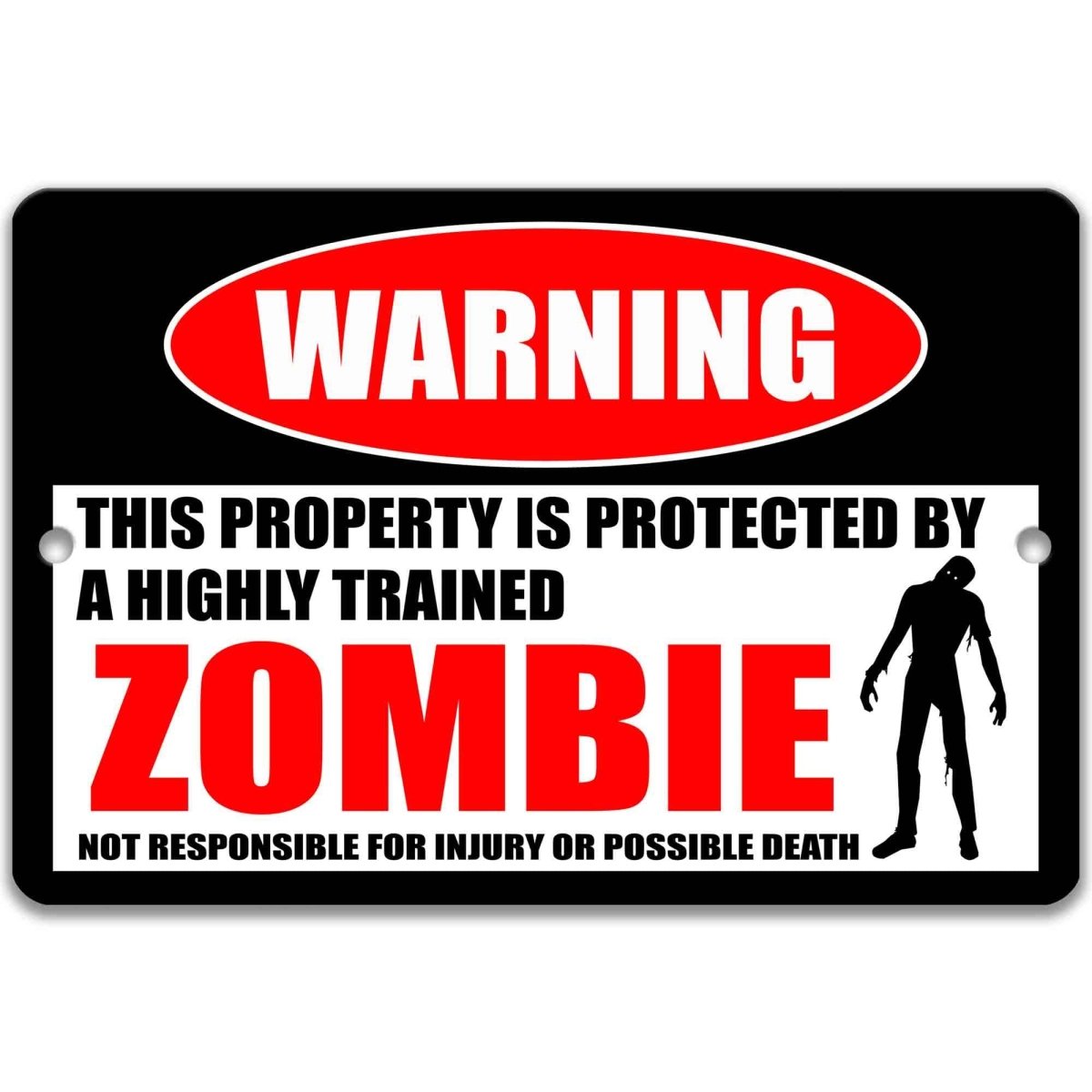 Zombie zone warning metal sign, glossy black, red WARNING oval and shambling zombie silhouette