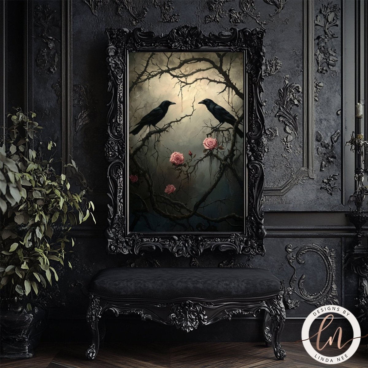 Raven and rose artwork displayed in an ornate black frame on a bench