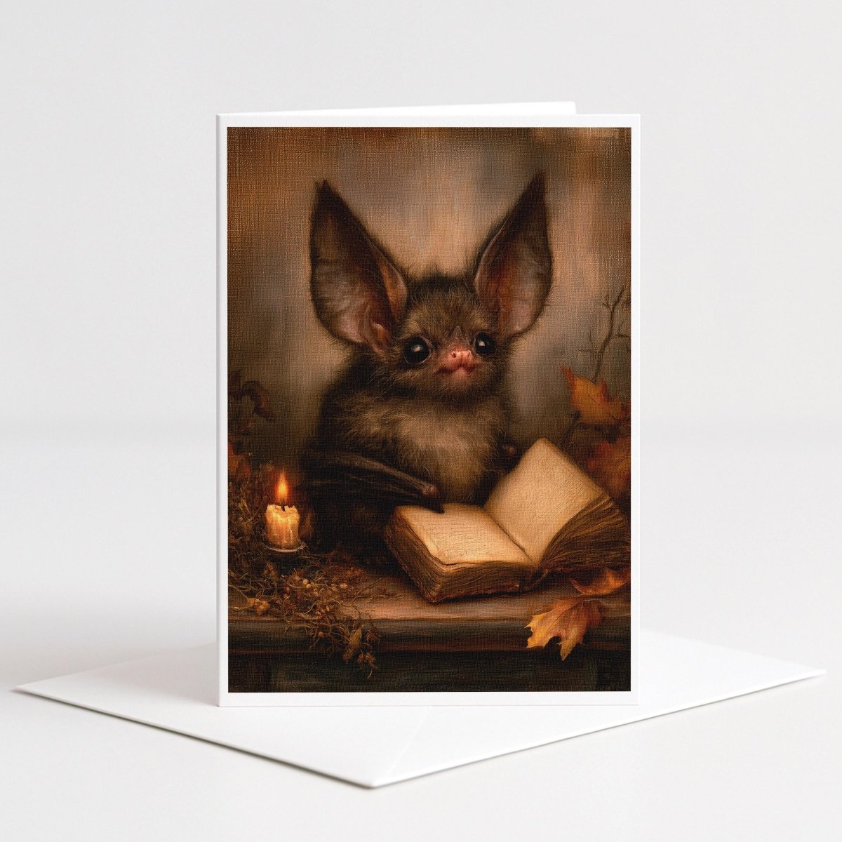 Little bat perched on an open book beside a candle and autumn leaves, Halloween note card art