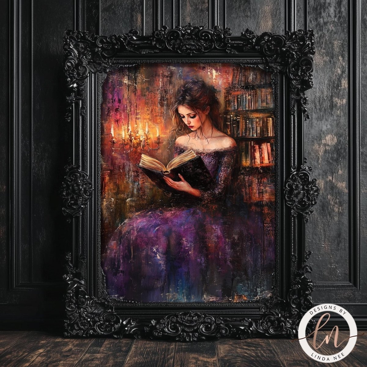Woman reading in a dimly lit library surrounded by bookshelves