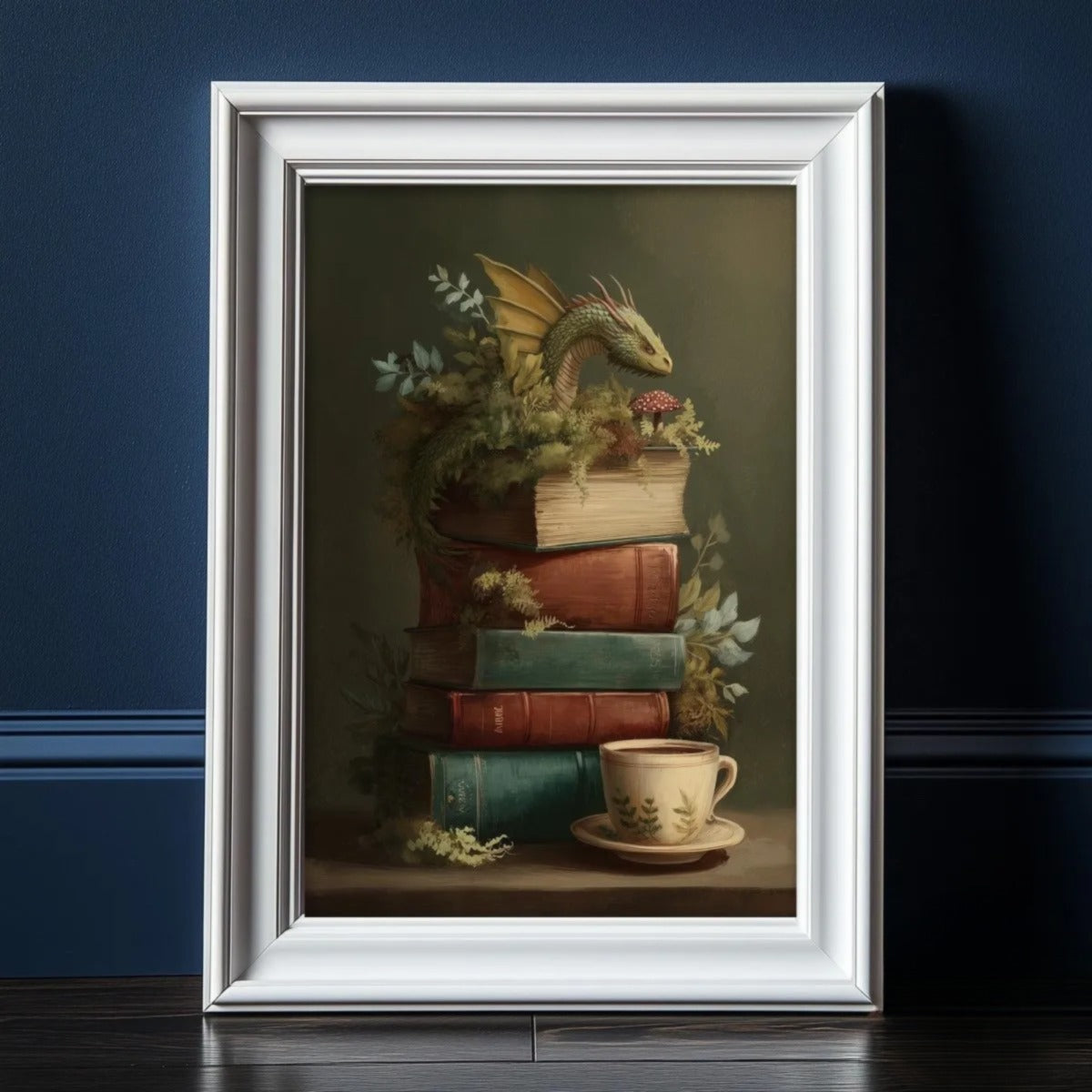 A framed painting depicting a stack of books with a dragon perched on top, surrounded by greenery and flowers.