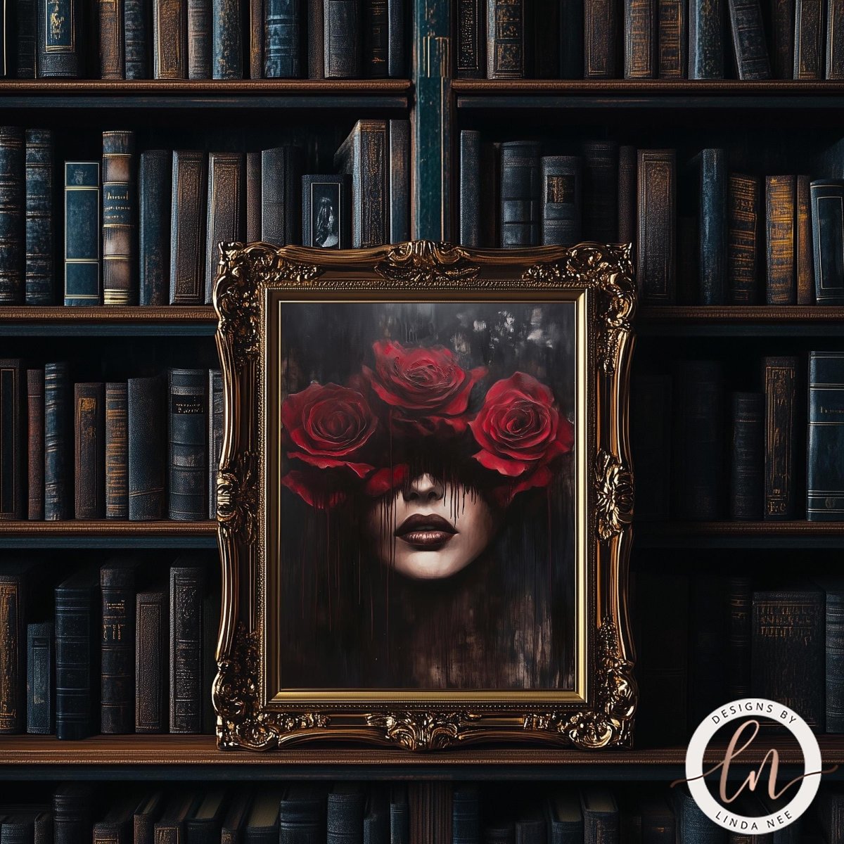a dark, moody portrait of a woman with red roses obscuring her face, set against a backdrop of dark bookshelves.