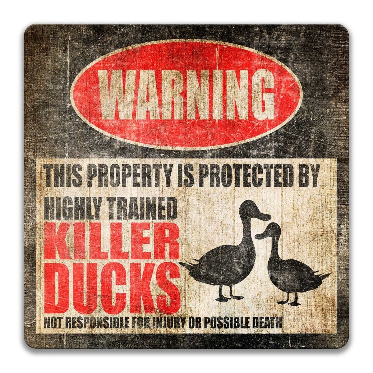 Killer Ducks warning sign, red WARNING banner and large duck silhouettes, funny Killer Ducks lover gift, aluminum with rounded corners
