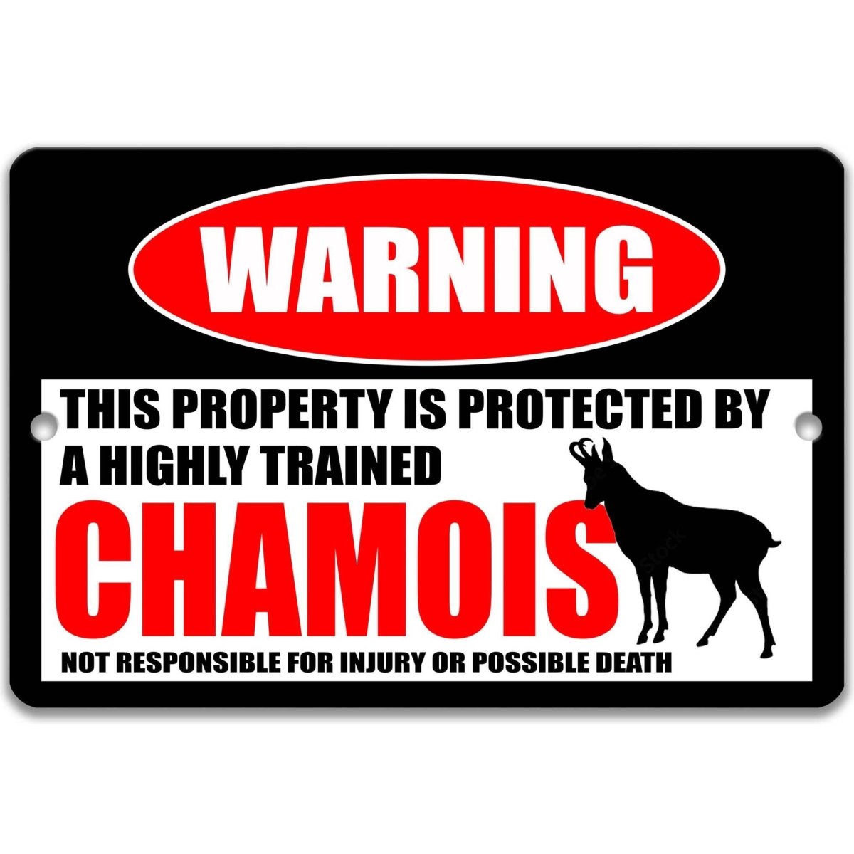 Chamois warning metal sign, glossy black, red WARNING oval and mountain chamois silhouette
