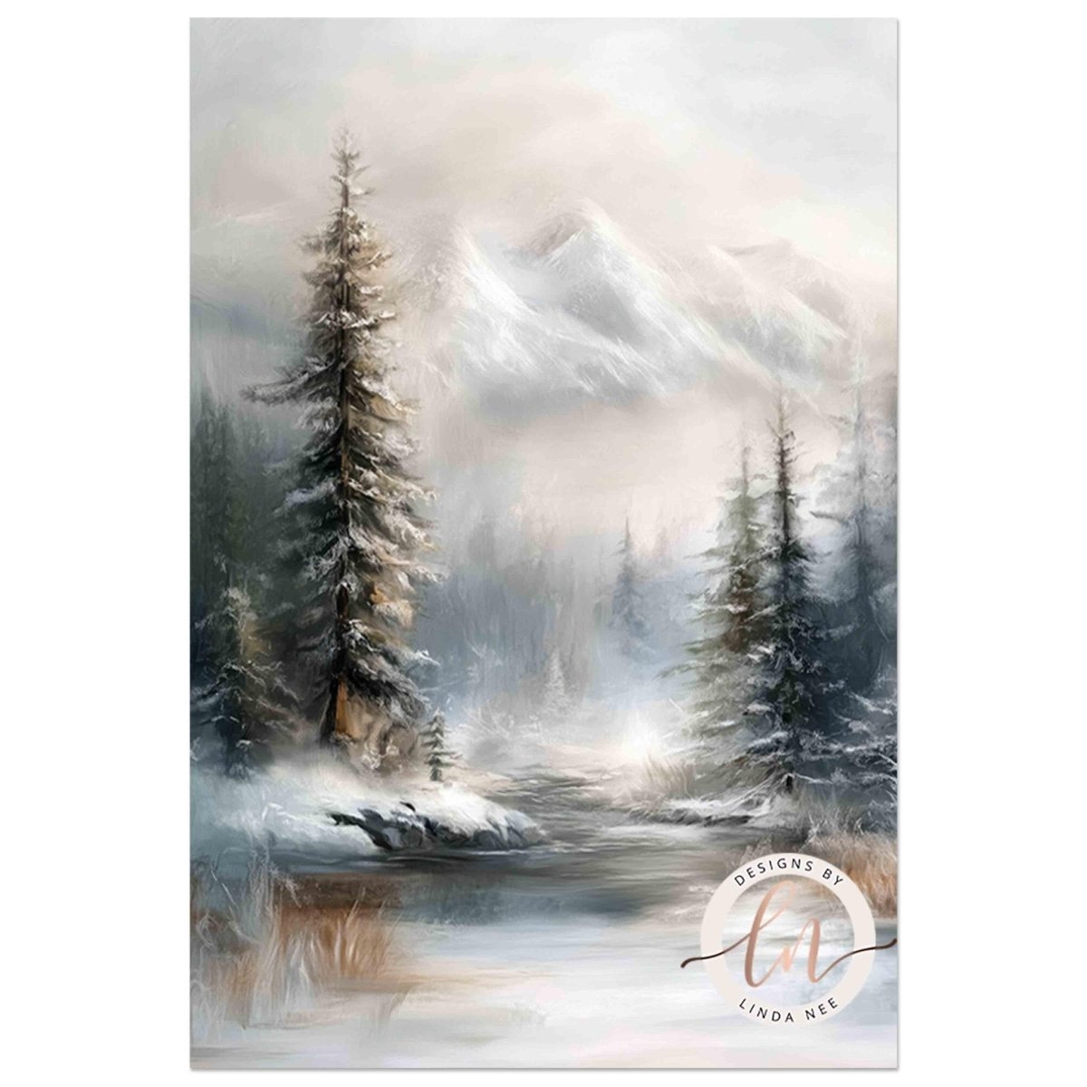 Snowy Mountains and Frozen Lake Art Print, Ski Lodge Decor