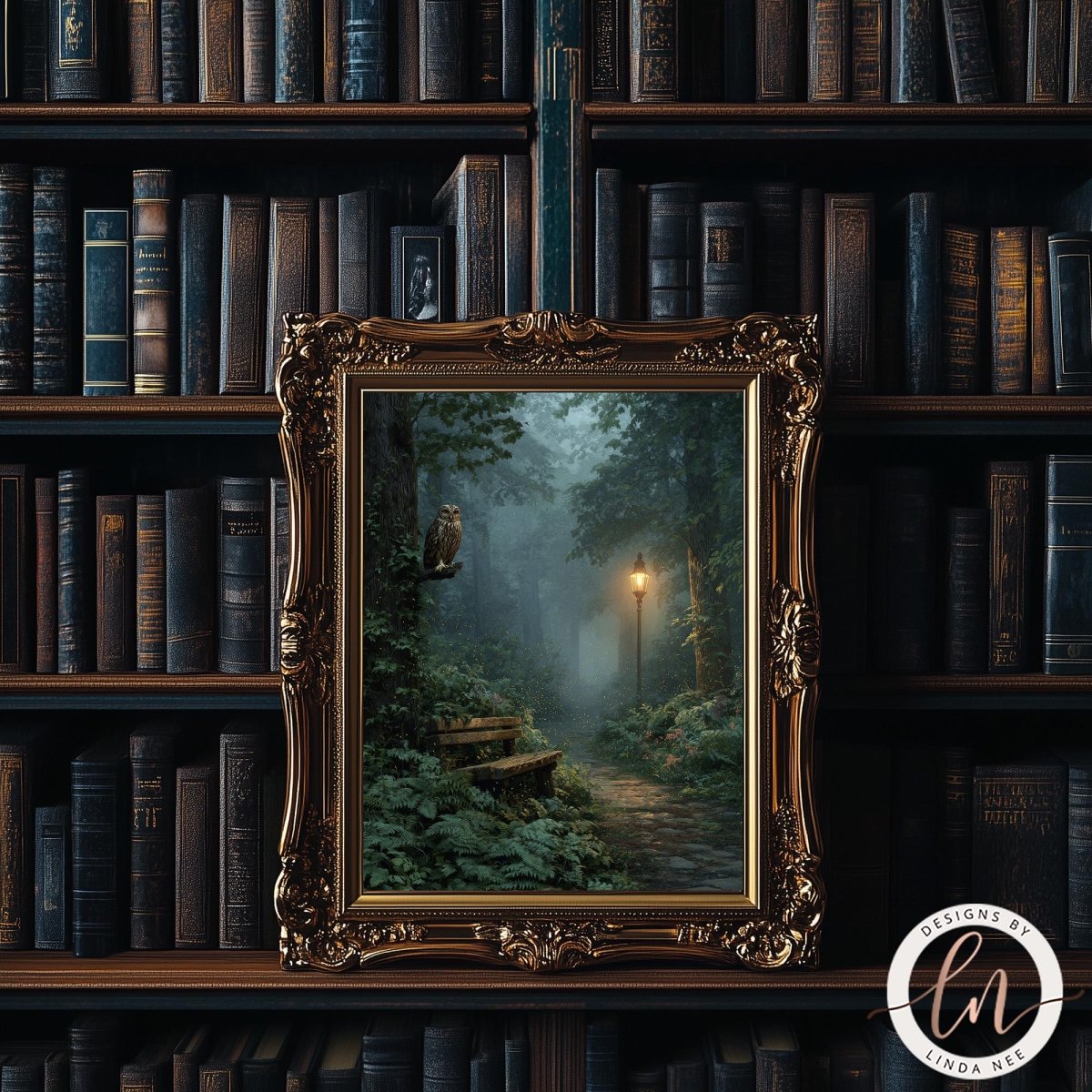 a painting of a forest scene with a path leading through the trees, illuminated by a lantern. The painting is displayed in an ornate gold frame, which is set against a backdrop of a bookshelf filled with books.