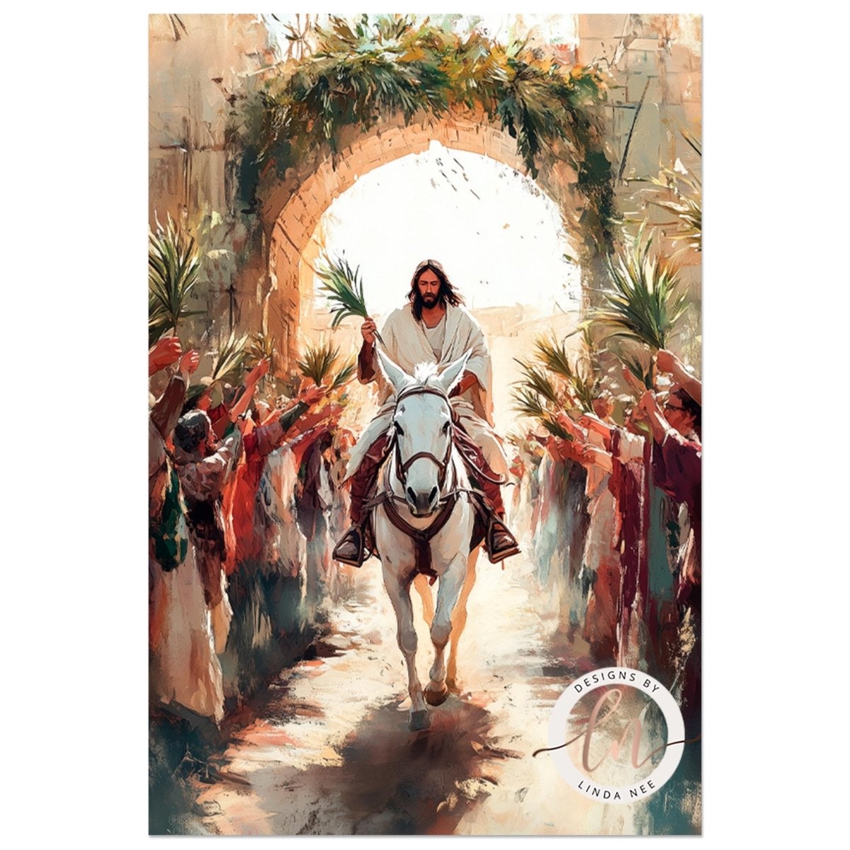 A painting depicting Jesus riding a white horse through a crowd of people holding palm leaves, with a stone archway in the background.