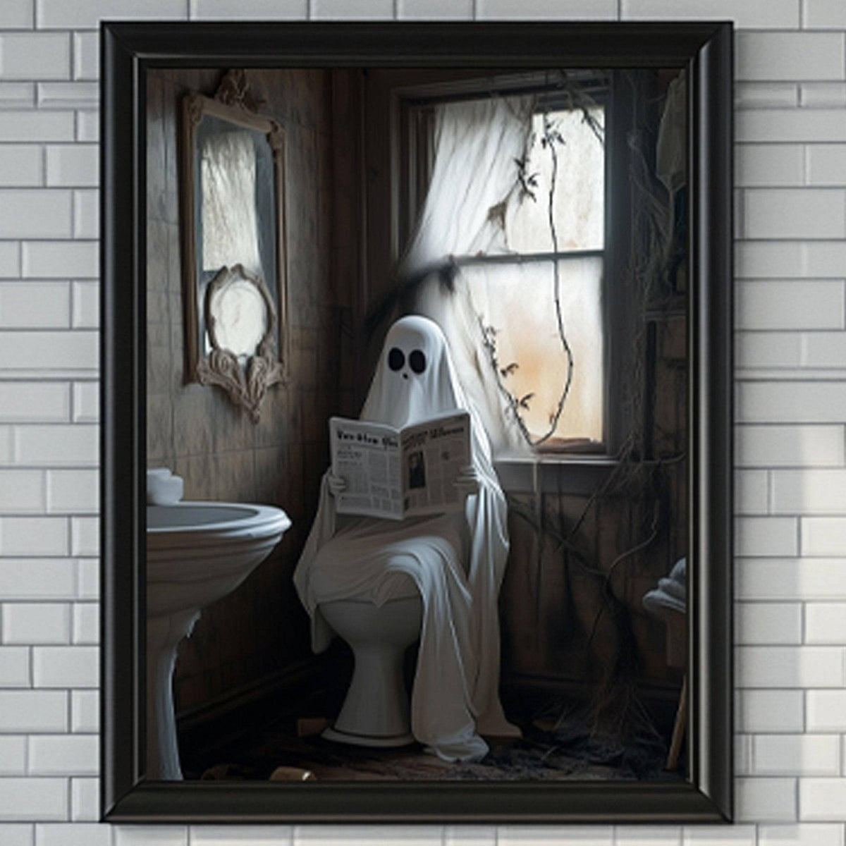 Sheet ghost sitting on a toilet reading a newspaper in a dim bathroom