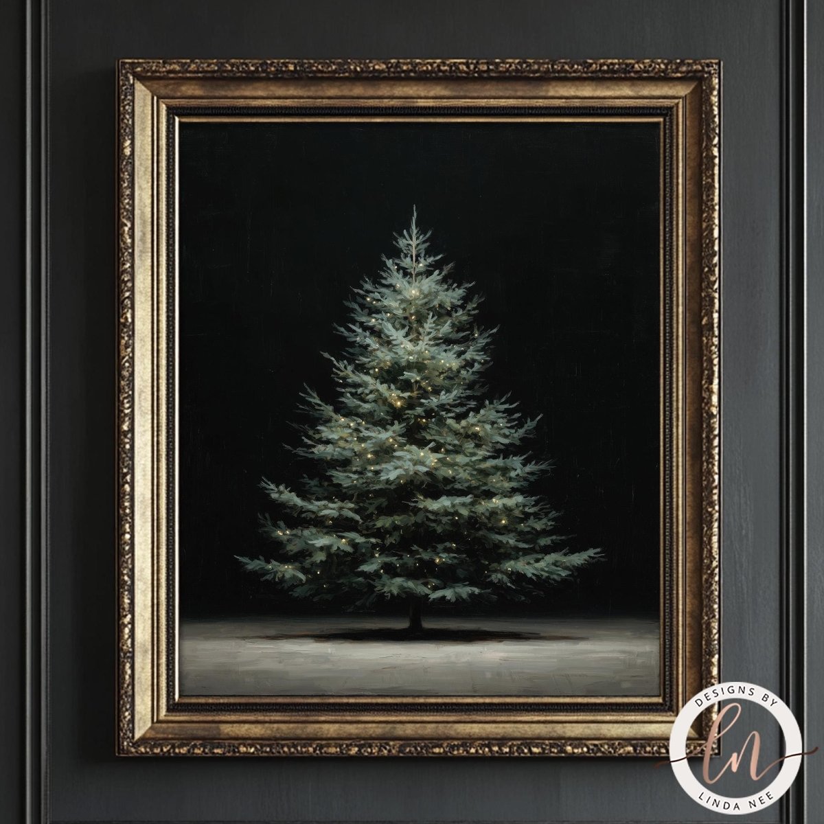 Lush evergreen Christmas tree standing alone in shadow, moody holiday wall art