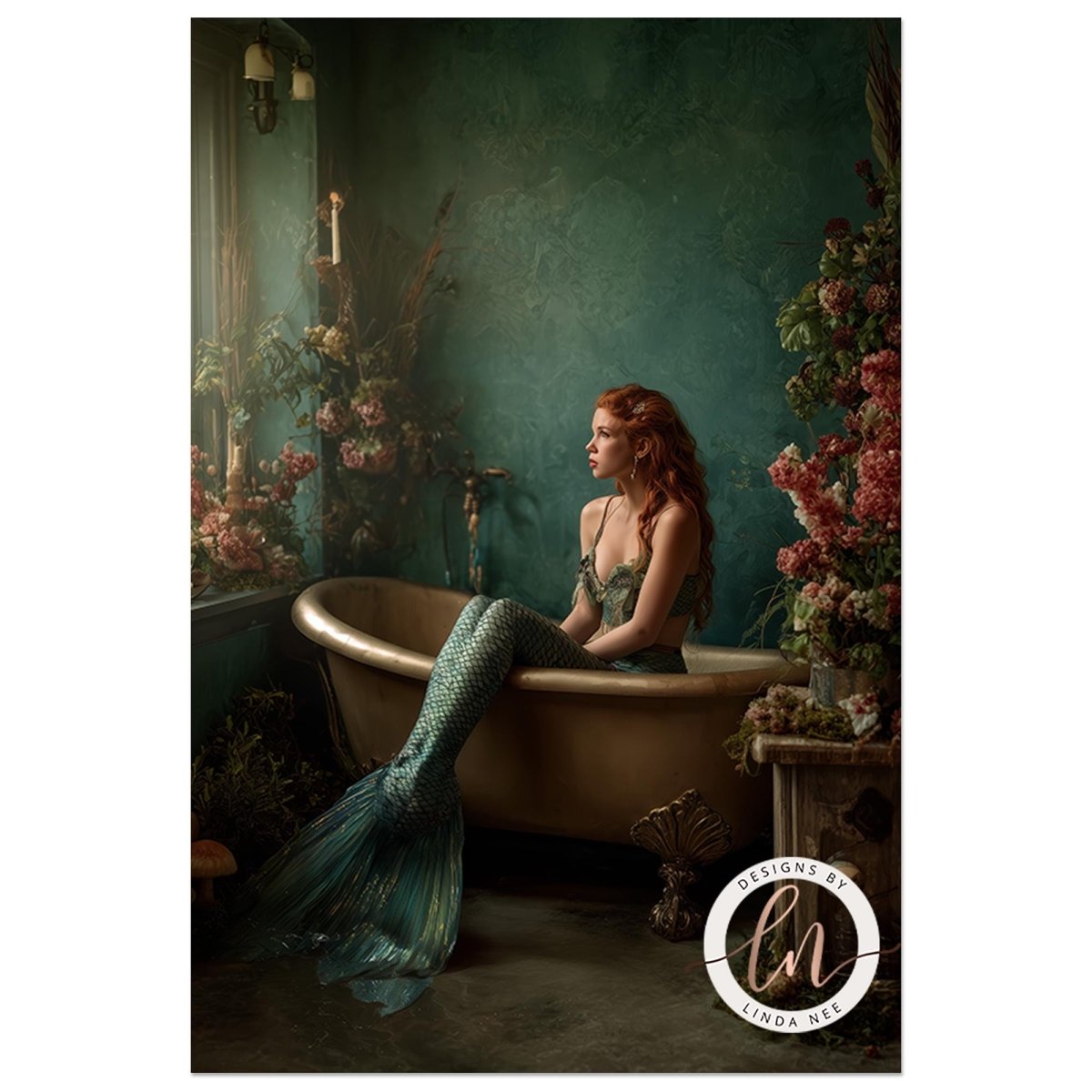 A dark, moody fine art image of a mermaid with long, wavy red hair sitting in a vintage copper bathtub. The background is a textured, deep emerald green wall adorned with botanical elements and a single candle. Her long, iridescent teal and gold tail drapes over the side of the tub onto the dark floor.