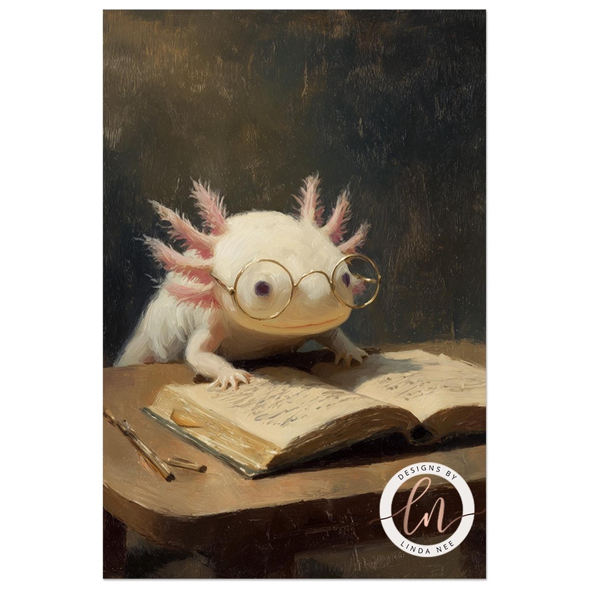 A whimsical painting depicting a white amphibian creature with large eyes and glasses sitting at a desk, engrossed in reading an open book.
