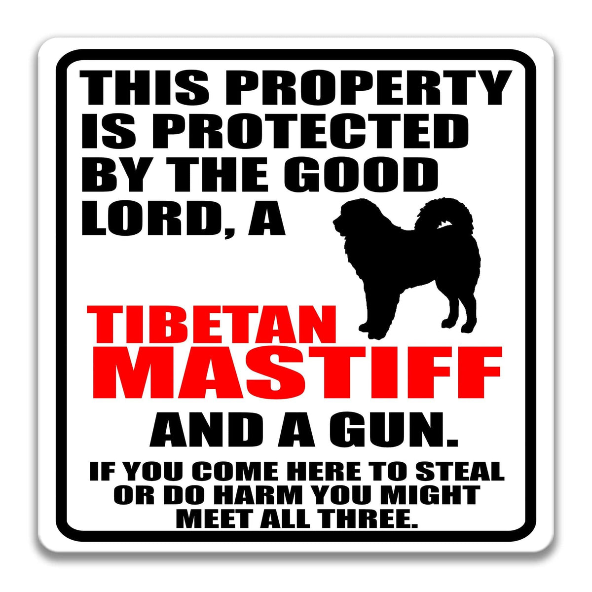a sign with a warning message about a Tibetan Mastiff dog. The sign states that the property is protected by the good Lord, a Tibetan Mastiff, and a gun. It also warns that if someone comes to steal or harm the dog or the property, they might encounter the dog and a gun. The sign is designed to be attention-grabbing and to convey the importance of protecting the property and the dog.