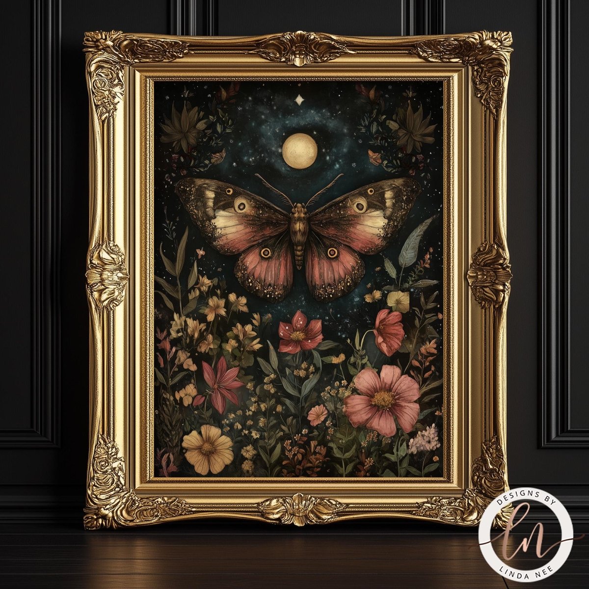 An ornate gold-framed art print featuring a fantasy illustration of a large pink and brown butterfly surrounded by colorful flowers under a glowing moon in a starry night sky, displayed against a dark paneled wall.