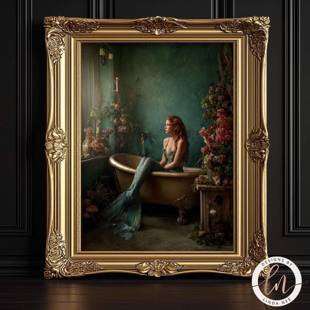 A mermaid sitting in a bathtub, surrounded by flowers and plants, in an ornate gold frame.